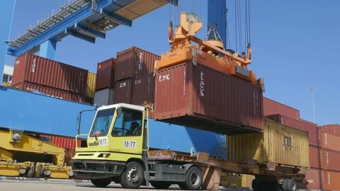 Container ship loading / unloading by industrial line gantry crane 4k creative b Stock Footage 140676454