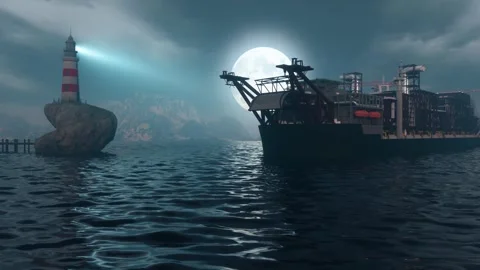Container ship with moon and lighthouse in the background Stock Footage 289409472