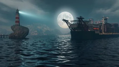 Container ship with moon and lighthouse in the background Ilustração Stock