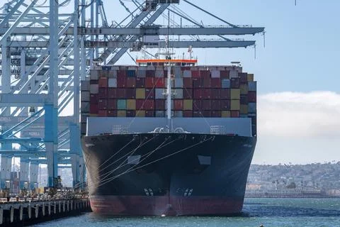 Container ship moored at the dock loaded with containers Port of Long Beach LA Stock Photos