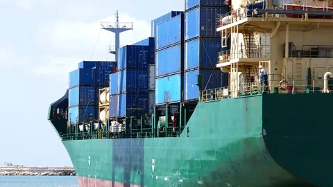 Container ship mooring to the pier 4k intro video for business Stock Footage 94554933