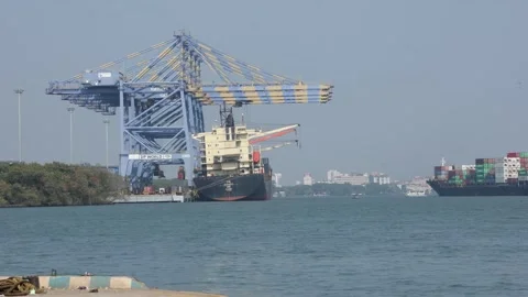 Container ship moving on sea to port Kochi Kerala India Stock Footage 148975095