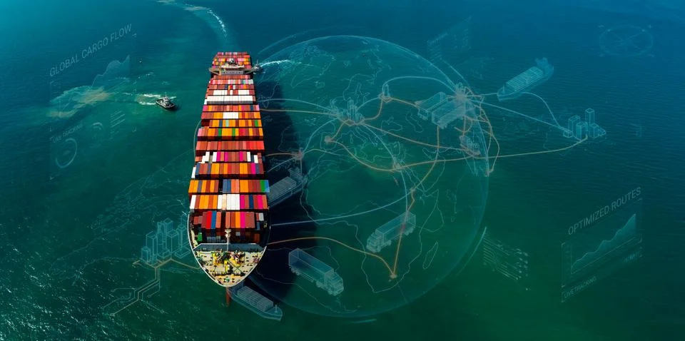 Container Ship Navigating Open Waters With Digital Logistics Interface Aeri.. Stock Photos