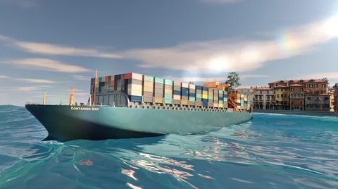 Container ship in ocean with city background. Illustration