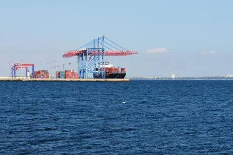 The container ship is in Odesa port Stock Photos
