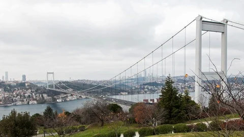 Container Ship passes the Fatih Sultan Mehmet Bridge Stock Footage 88302855