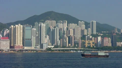 Container Ship Passing Causeway Bay, Hong Kong Stock Footage