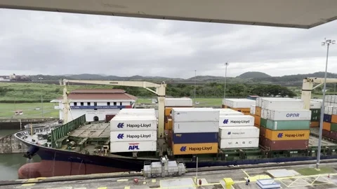 Container Ship Passing Through Canal Lock, Panama 4K Video stock 348277255