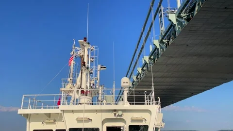 Container ship passing under the Verrazzano - Narrows Bridge Stock Footage 242827892