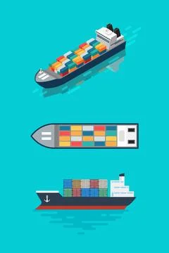 Container ship in plan view, side view and isometric view. Stock Illustration