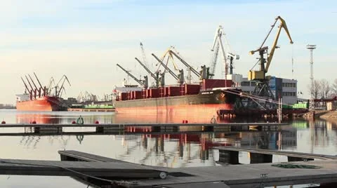 Container ship port with cranes loading ship Stock Footage 10883028
