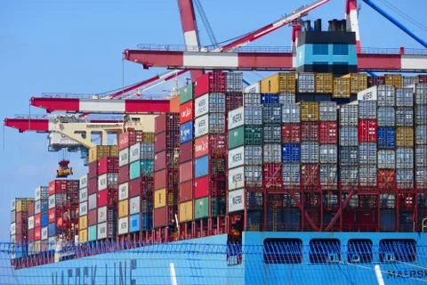 Container ship with port cranes Stock-Fotos