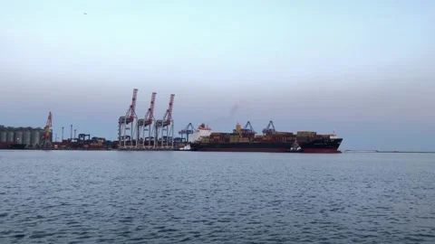 Container ship in the port. Ship with containers in the sea port. unloading a Stock Footage 199095416