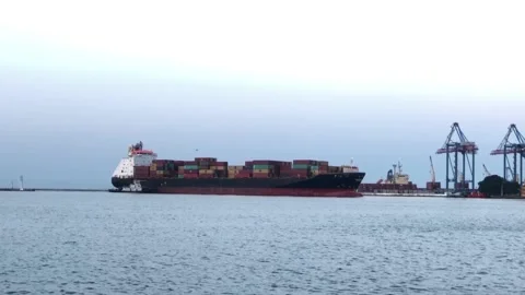 Container ship in the port. Ship with containers in the sea port. unloading a Video stock 200825721