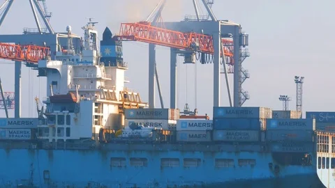 Container ship is prepared and unloaded in the port of Odessa Ukraine 01.25.2018 Stock Footage 85224011