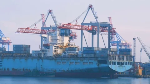 Container ship is prepared and unloaded in the port of Odessa Ukraine 01.25.2018 Stock Footage 85225272