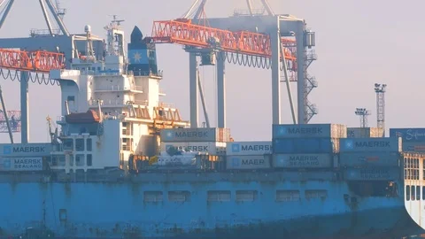 Container ship is prepared and unloaded in the port of Odessa Ukraine 01.25.2018 Stock Footage 85228965