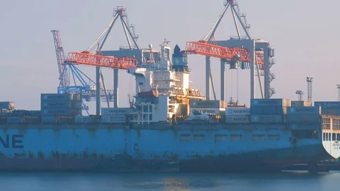 Container ship is prepared and unloaded in the port of Odessa Ukraine 01.25.2018 Stock Footage 85229593