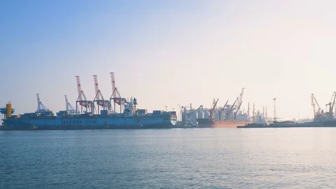 Container ship is prepared and unloaded in the port of Odessa Ukraine 01.25.2018 Stock Footage 85230391