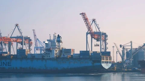 Container ship is prepared and unloaded in the port of Odessa Ukraine 01.25.2018 Stock Footage 85231839