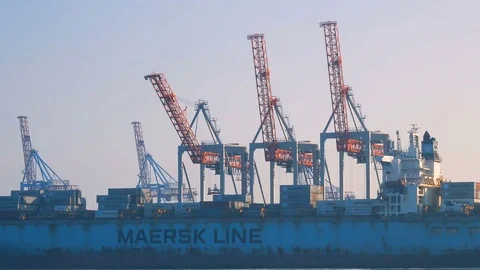 Container ship is prepared and unloaded in the port of Odessa Ukraine 01.25.2018 Stock Footage 85234230