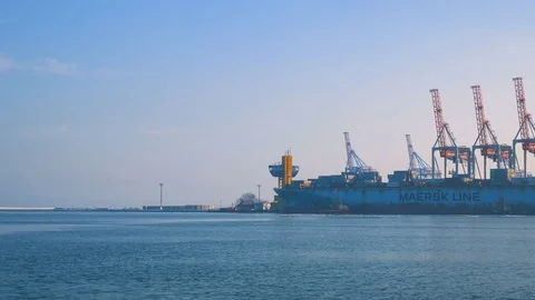 Container ship is prepared and unloaded in the port of Odessa Ukraine 01.25.2018 Stock Footage 85234872