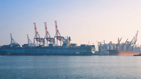 Container ship is prepared and unloaded in the port of Odessa Ukraine 01.25.2018 Stock Footage 85236362