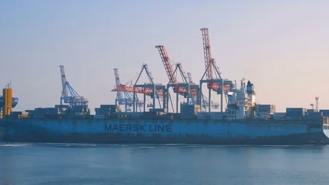 Container ship is prepared and unloaded in the port of Odessa Ukraine 01.25.2018 Stock Footage 85237670
