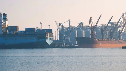 Container ship is prepared and unloaded in the port of Odessa Ukraine 01.25.2018 Stock Footage 85239991