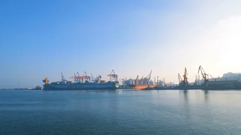 Container ship is prepared and unloaded in the port of Odessa Ukraine 01.25.2018 Stock Footage 85241995