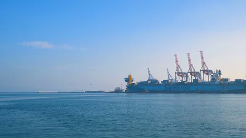 Container ship is prepared and unloaded in the port of Odessa Ukraine 01.25.2018 Stock Footage 85242896