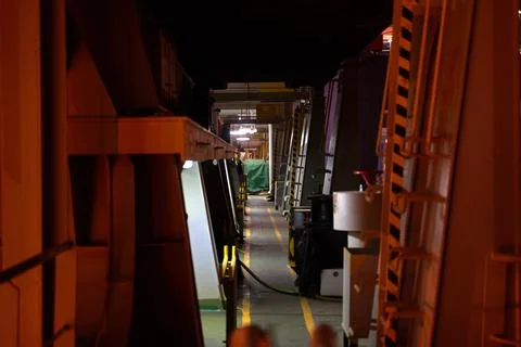 Container ship 's deck. Part of the vessel close-up. Foto stock