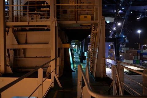 Container ship 's deck. Part of the vessel close-up. Stock Photos