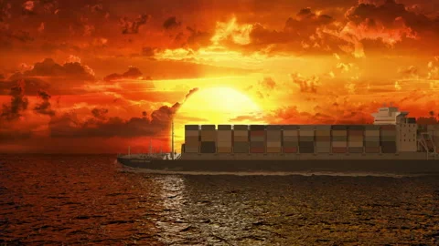 Container ship sailing on the background of sunset Stock Footage 158841026