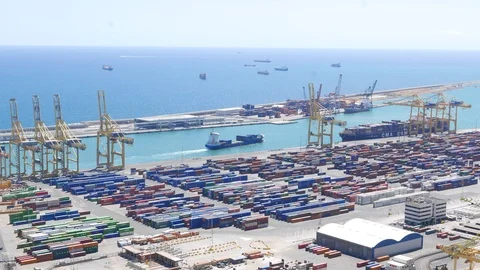 Container ship sailing in Barcelona maritime container port Stock Footage 99114378