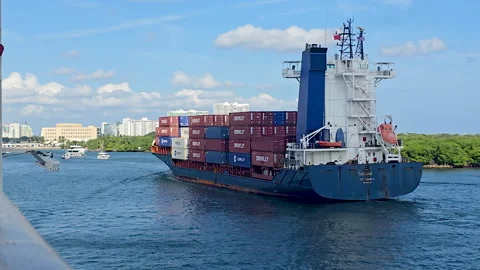 Container ship sailing cargo maritime transport logistics vessel Stock Footage 340880120