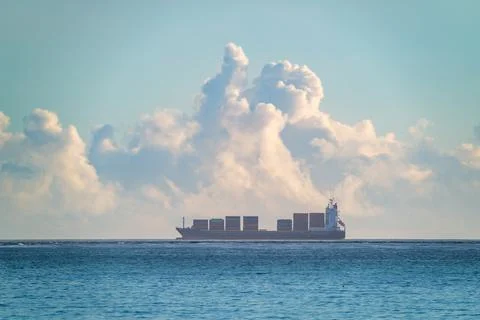 Container Ship Sailing off the Coast of Wanli, Taiwan Stock-Fotos