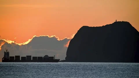 Container Ship Sailing Past Keelung Islet Dawn Wanli Taiwan. Stock Footage 321138189