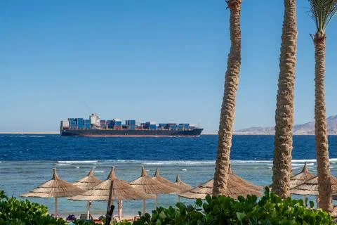 Container Ship Sailing Past Sandy Beach Under Clear Blue Sky With Palm Trees Stock Photos