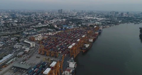 Container ship sailing in sea shipping to seaport industrial logistics unloading Stock Footage 104332523