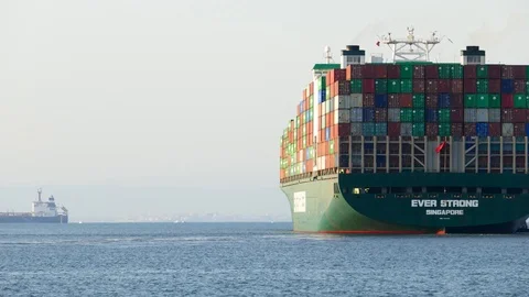 Container ship sails out of port 4k intro video for business Stock-Footage 91202171