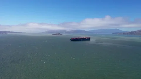 Container Ship San Francisco Alcatraz Island Drone View Stock Footage 142832017