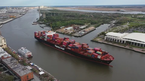 Container Ship Savannah River Downtown Stock Footage 129059029