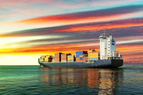 Container ship on sea Stock Photos