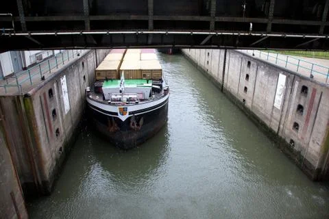 Container ship in sluice Stock Photos