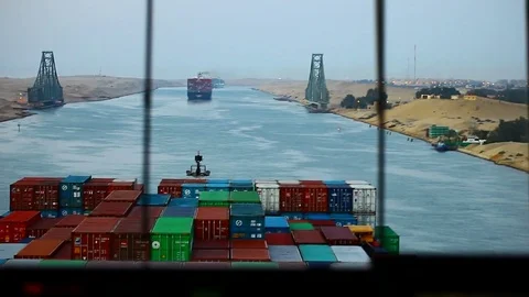 Container ship in the Suez Canal Stock Footage 71575601