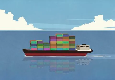 Container ship on sunny ocean Stock Illustration