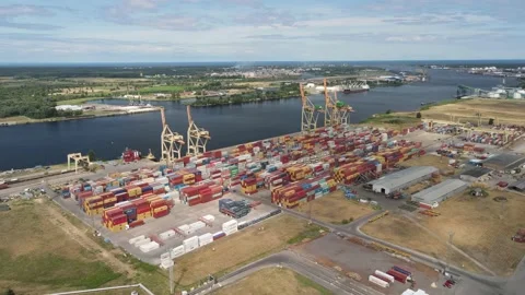 Container ship terminal with cranes Stock Footage 162653720