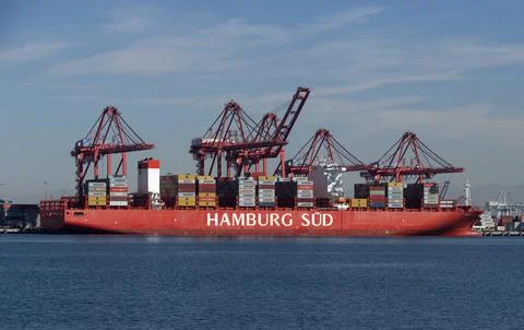 Container ship terminal loading containers onto a container ship Port of LA Stock Photos