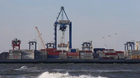 Container ship terminal on seaside Video stock 60242391